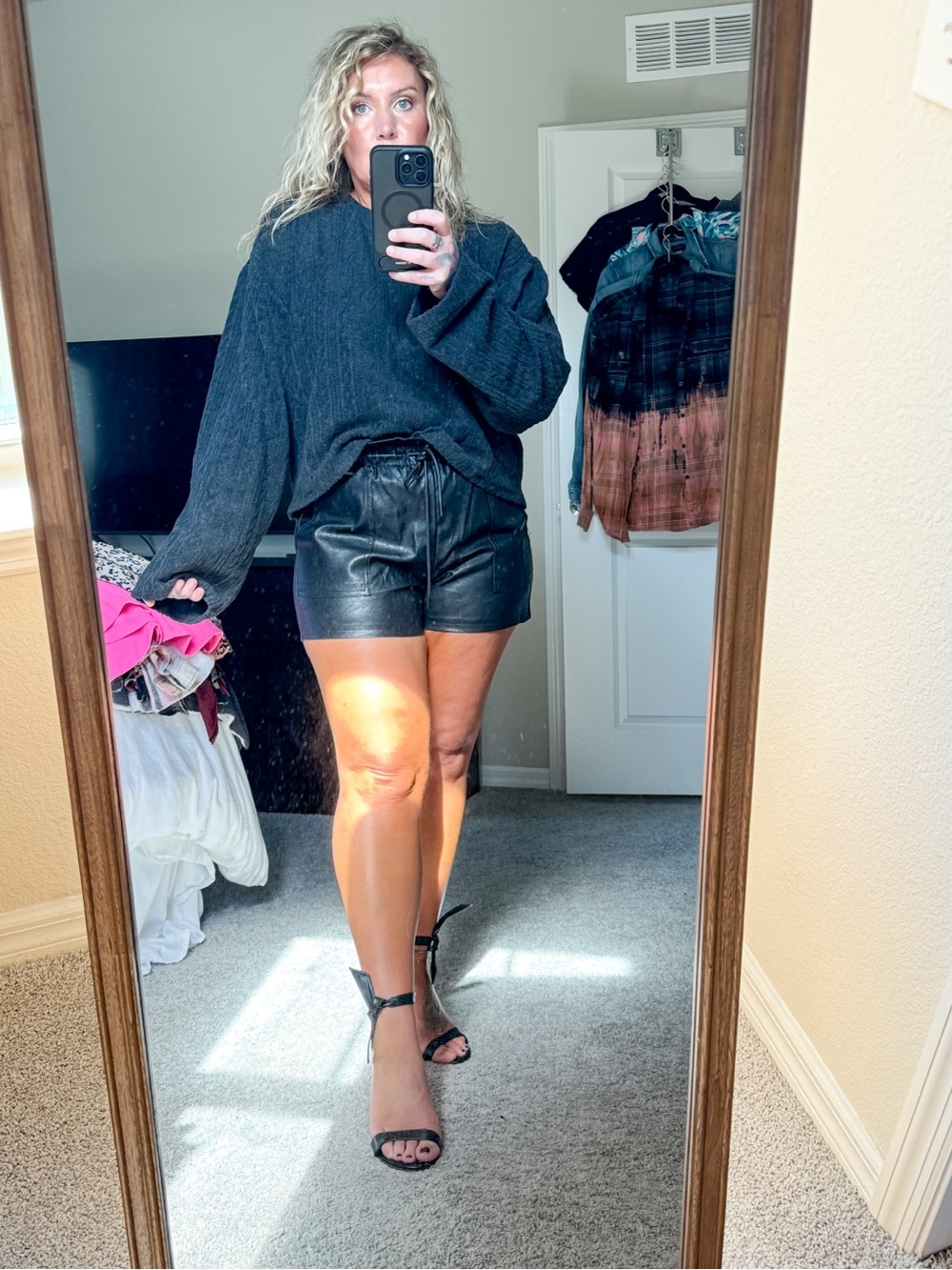 Colina Faux Leather High-Waist Drawstring Pocket Shorts - Picture 2 of 6